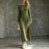 2026 Herbst Winter Rundhals Strickkleid Langarm Schmale Passform Schlitz Metallknopf Maxi