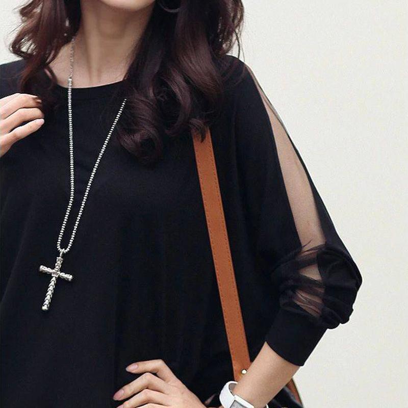 Spring Autumn Round Neck Lace Hollow Out Loose Casual T-shirt Ladies Batwing Long Sleeve All-match Pullover Top Women's Clothing