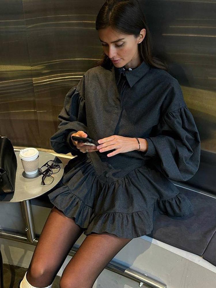 Set Cămașă cu Guler Turn-Down Europeană și Americană Cross-Border Primăvară/Vară 2025 și Mini-fustă cu Volane la Tiv