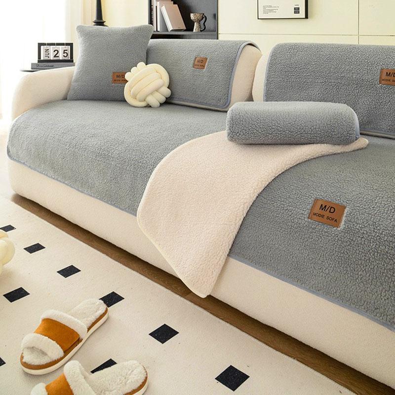 Lamb Plush Sofa Cushion for Autumn and Winter Thick Warm Solid Cushion for Living Room Anti Slip Furniture Protection Slipcover