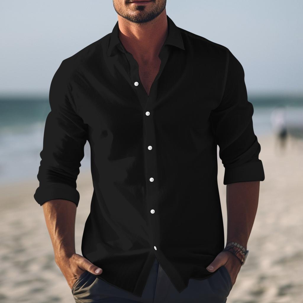 Chemises Décontractées Homme Printemps Été Design Coton Lin Couleur Manches Longues Coupe Ample Col Montant