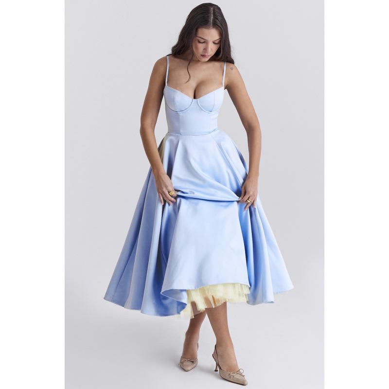 

2026 Summer French High-End Princess Mesh Strappy Gown for Women L світло-синій колір