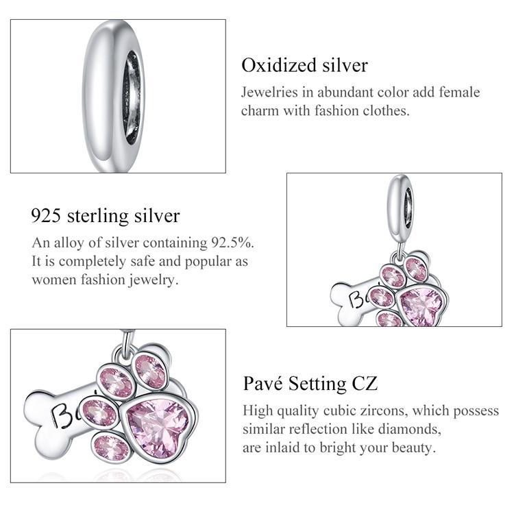 WOSTU Skutečné 925 Sterling Silver Pes Paw Stopa Korálek Růžový Zirkon Bone Charm Fit Originální náramek s přívěskem Šperky