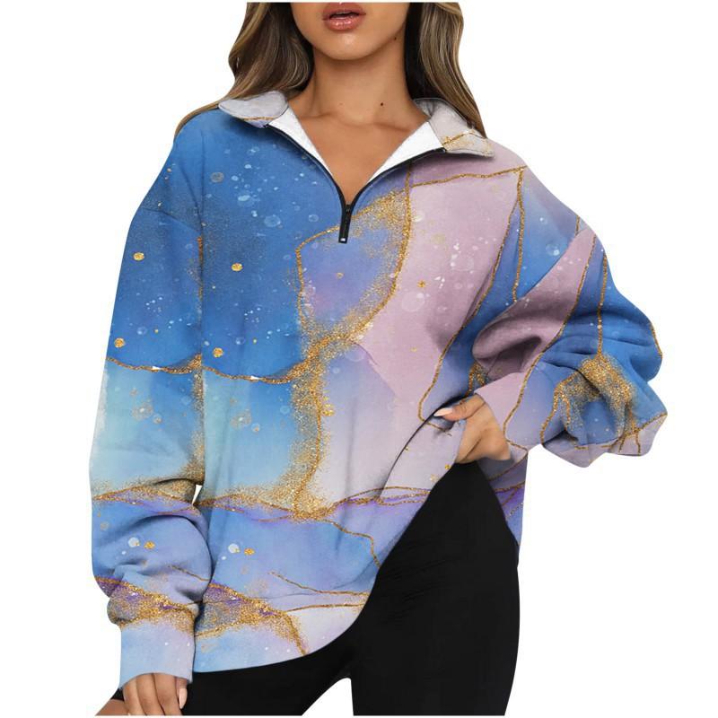 2025 Women's Printed Top Half-zipper Pullover Long-sleeved Sweatshirt Female