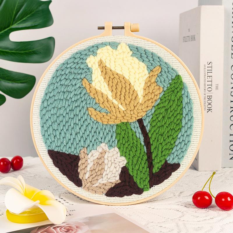 1Set Embroidery Floral Pattern DIY Punch Needle Embroidery Kit with Yarn Starter Kit Poking Cross Stitch Tools For Knitting