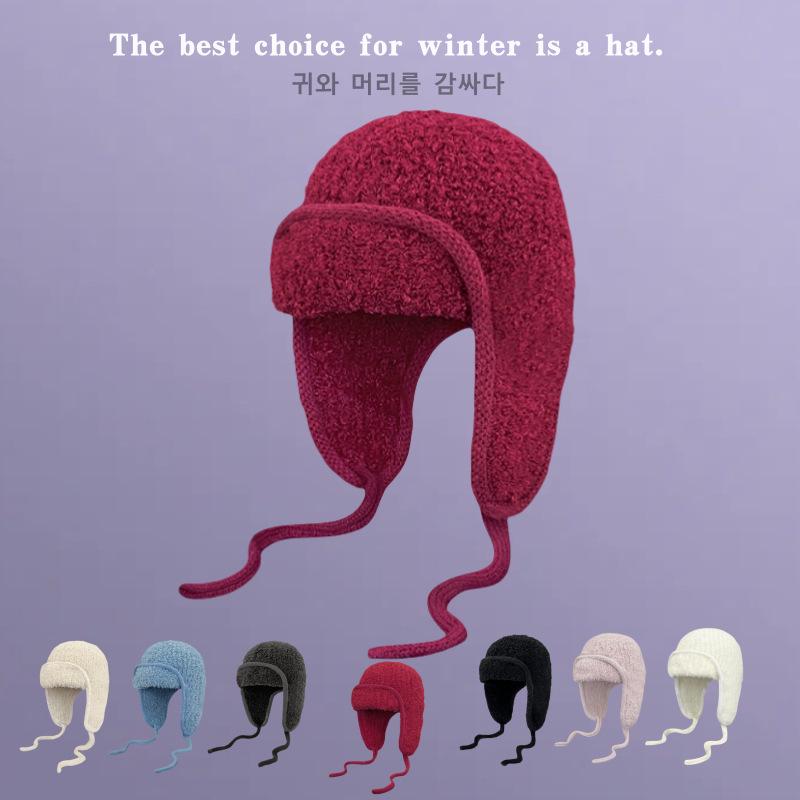 Jednobarevná plyšová letecká čepice s klapkami na uši - Zimní teplo s pletenou šňůrkou na zavazování pro velké obvody hlavy