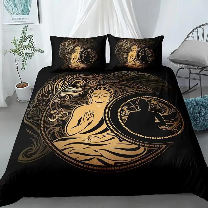 Buddha Duvet Cover Set King Size Exotic Ethnic Bohemian Bedding Set Microfiber Golden Buddha Statue Print Gorgeous Quilt Cover