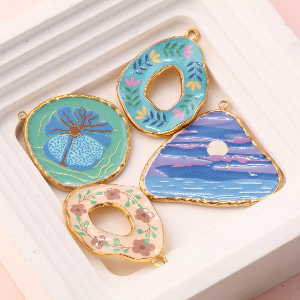 1PC 304 Stainless Steel Pendants 18K Gold Plated Multicolor Flower Natural Scenery Printed Charms for DY Necklace Jewelry Making