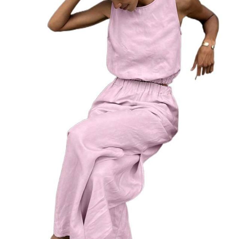 Hot Sale Cotton Linen Solid Color Set Spring Summer Casual Women's Vest Split Long Pants Two-Piece Set