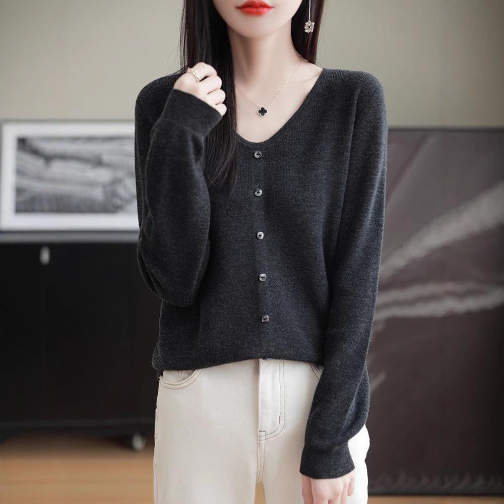Women's 100% Fine Wool V-neck Loose Cardigan - Single-Breasted Solid Color, Casual Fashion