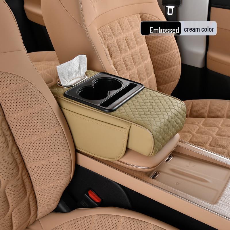 Car Armrest Pad with Console Riser, Tissue Box, Cup Holder & Protector 5-in-1