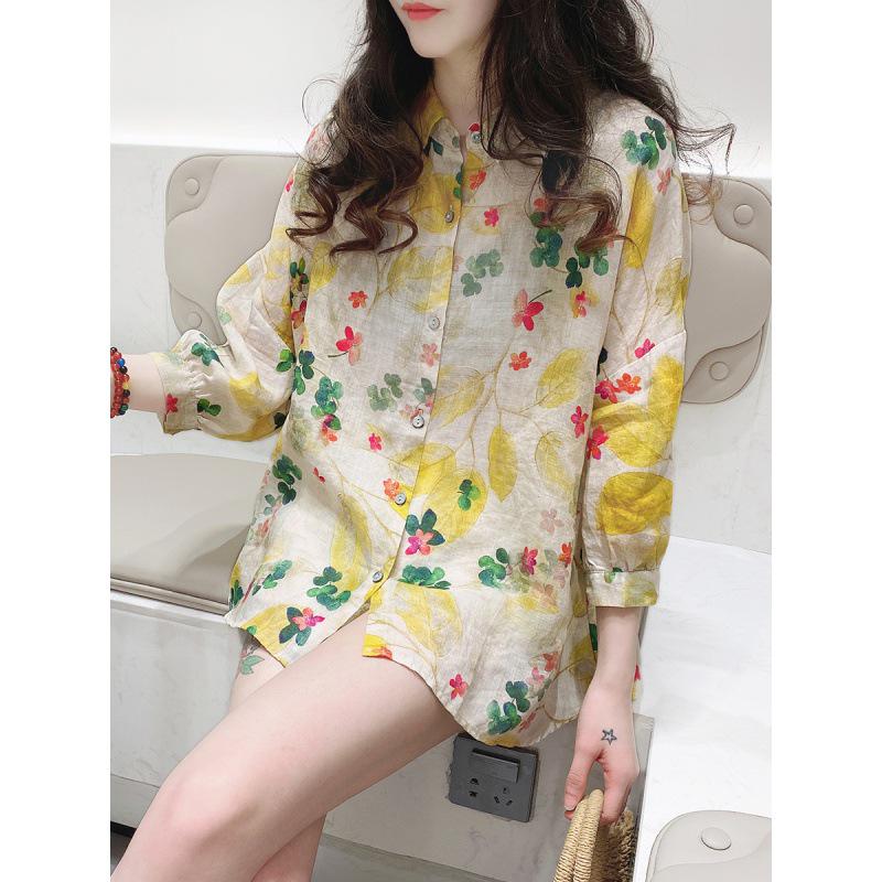 

Топ А-силуэта из рами с цветочным принтом и рукавами «летучая мышь» в корейском стиле — свободный, модный и милый Small