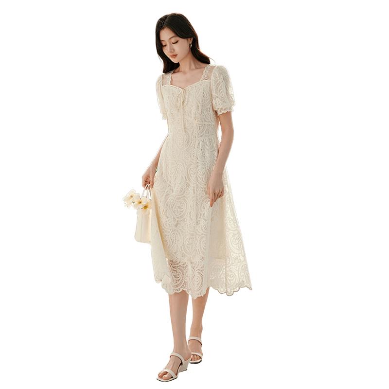 Xiangying Women s Lace Square Neck Puff Sleeve Dress S