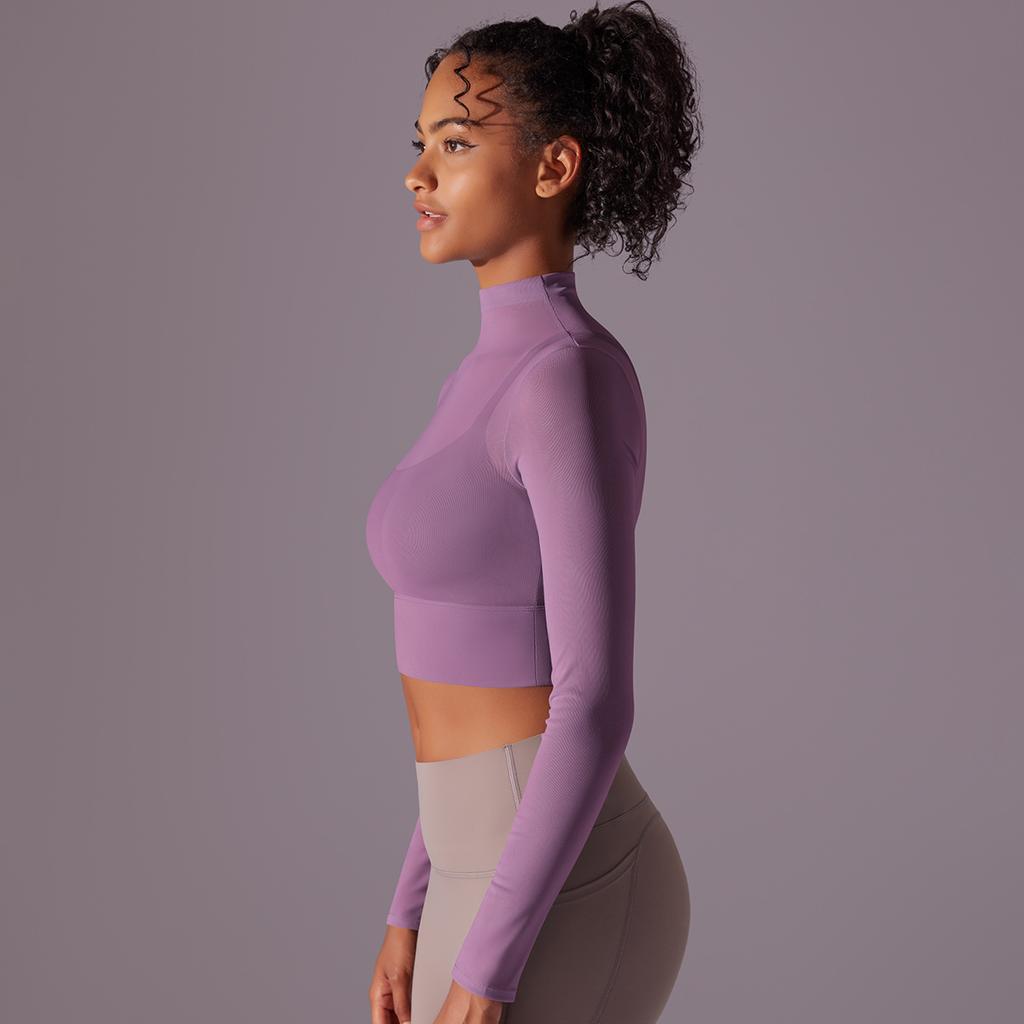 Mesh Yoga Suit Long Sleeved Quick Drying Exercise Running Fitness Bra One-piece Cup Fitness Suit Top For Women