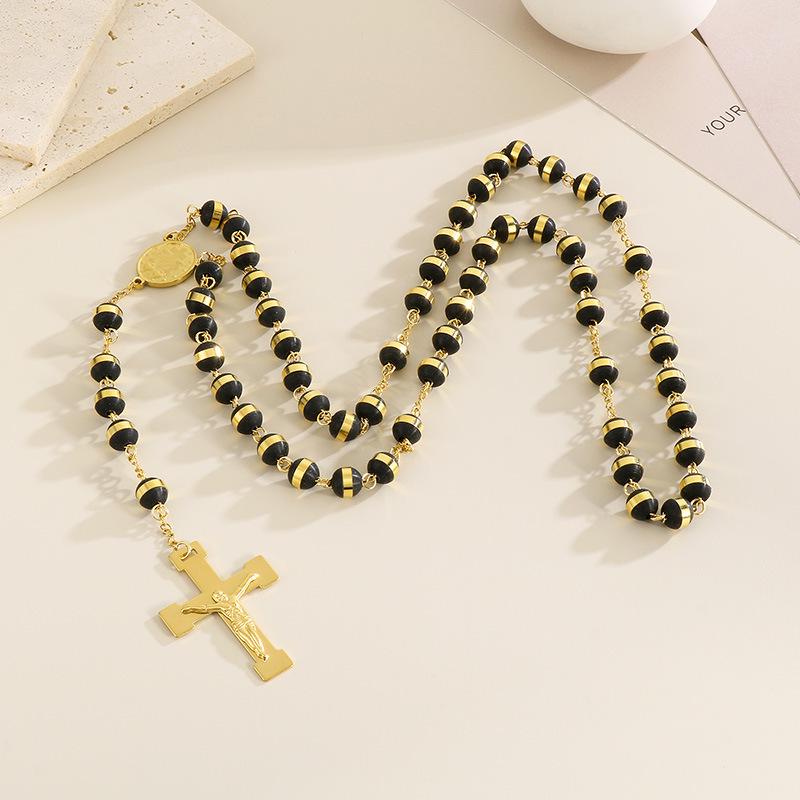 18K Gold Cross Prayer Beads Necklace for Women - Stainless Steel, 8mm, Trendy European-American Style