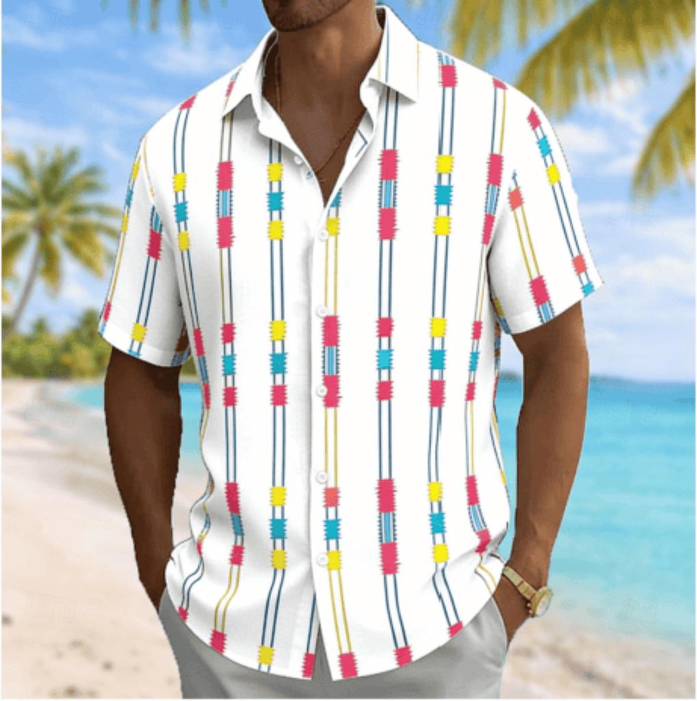Men's Color Block Geometric Vertical Stripe Print Short Sleeve Shirt, Summer Casual Turn-Down Collar Blouse, Loose Fit Top