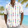 Men's Color Block Geometric Vertical Stripe Print Short Sleeve Shirt, Summer Casual Turn-Down Collar Blouse, Loose Fit Top