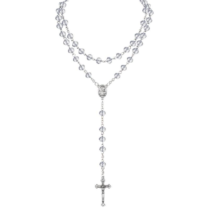652F Catholic Rosary Crystal Beads Necklace with Miracles Medals Crosses Crucifix First Communion Rosary for Women Men