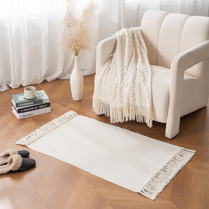 Twin-cord Knitted Rugs for Living Room Cotton Linen Kitchen Mat Tassel Bedroom Door Floor Mats Bedside Carpet Rugs No Fading