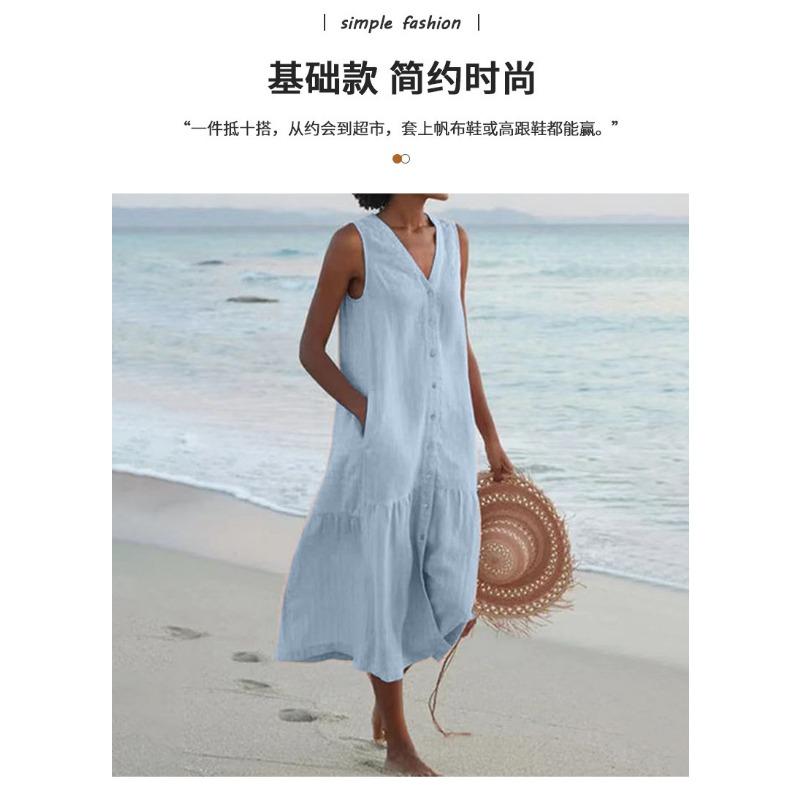 Solid Color V Neck Sleeveless Loose Waist Long Dress Women Casual Commute Vacation