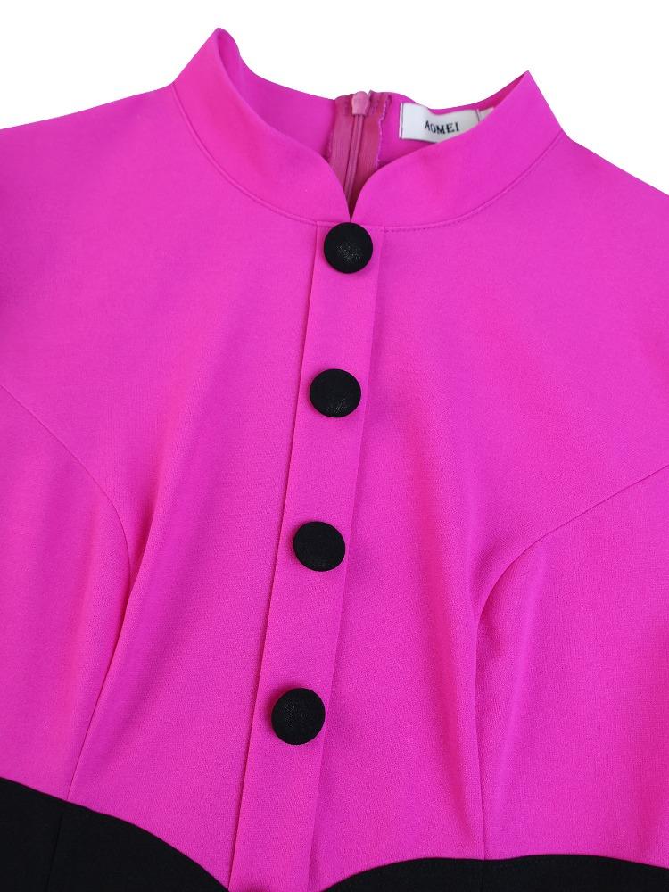 Rochii Elegante de Biserică Mâneci Lungi Tip Felinar Bloc de Culoare cu Nasturi Negru Roz Femei Guler Mock Midi Petrecere Birou Doamne Afaceri