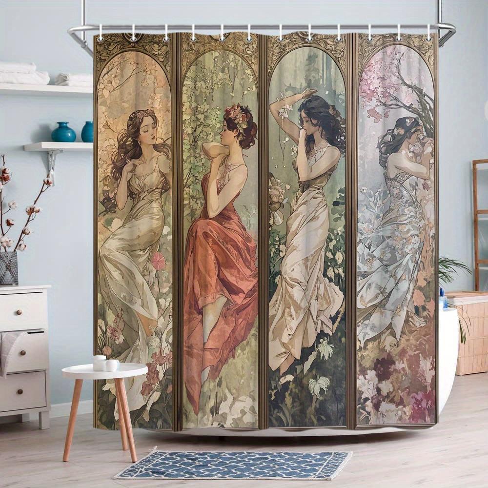 

Vintage Art Nouveau Waterproof Shower Curtain, Elegant Women With Floral Design For Classic Bathroom Decor W60H190(CM)-1 Pcs