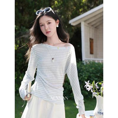 Women's Blue Striped Slanted Shoulder Long Sleeve T-Shirt