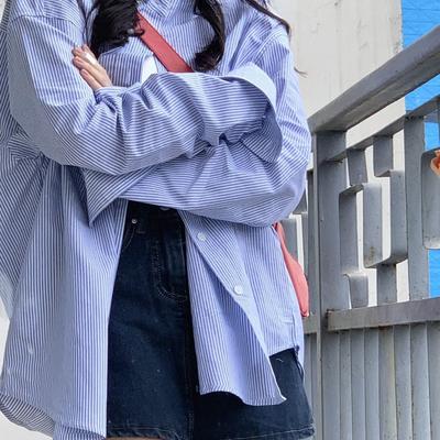 Women's BF Style Loose Long-Sleeve Striped Shirt - Versatile Mid-Length Autumn Jacket