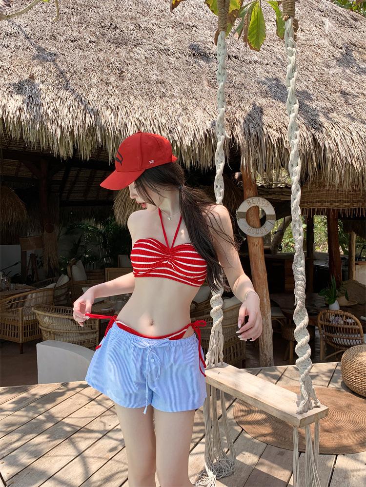Source a Korean retro striped swimsuit women's neck niche hot spring bikini vacation swimsuit