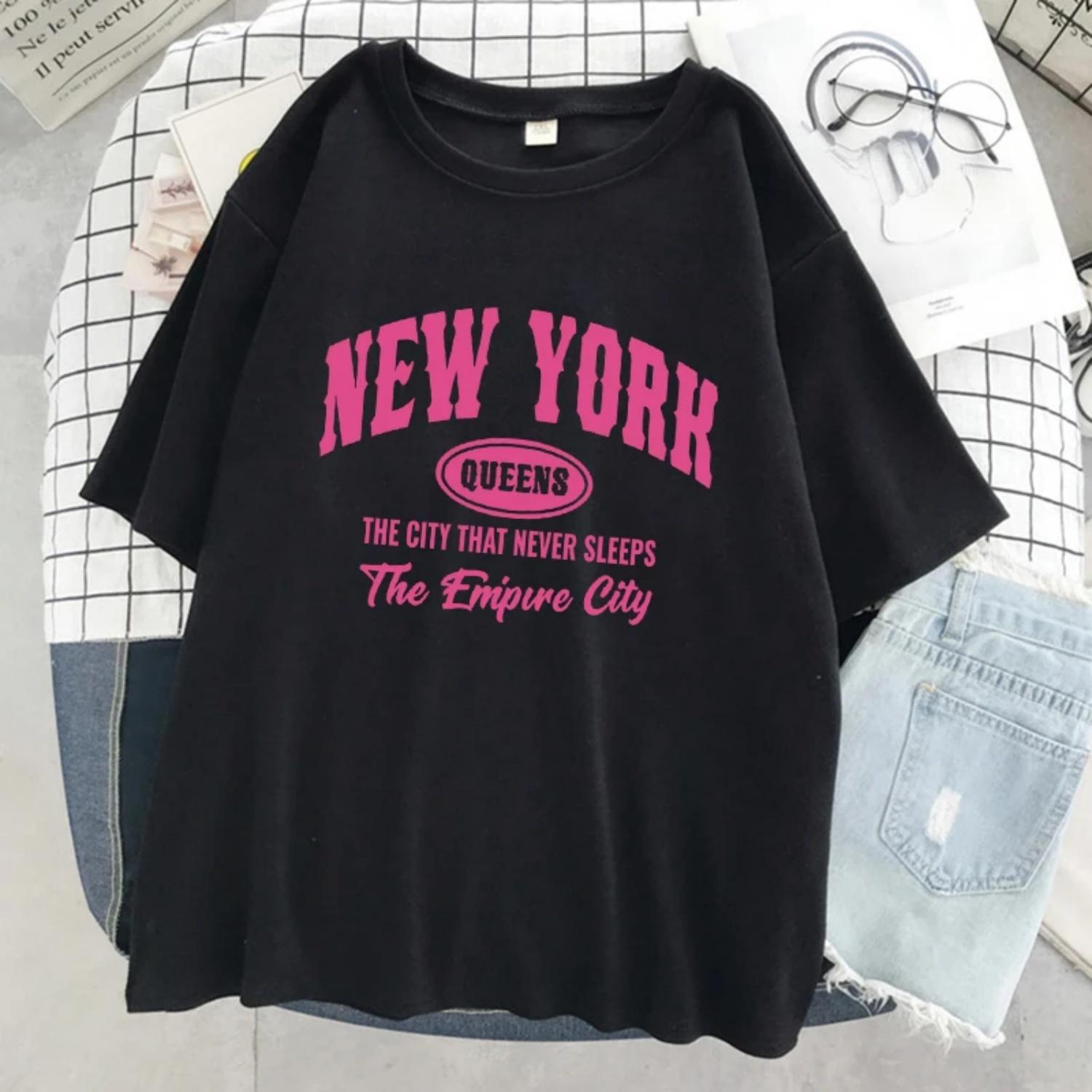 

New York Queens The City That Never Sleeps T-Shirts Women Oversized Tshirt Cotton Soft Short Sleeve Street Casual Tshirts XXXXXL чорний