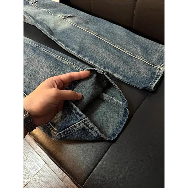 Mens American Deconstructed Rivet Work Jeans Slim Straight Fit Casual Denim Pants