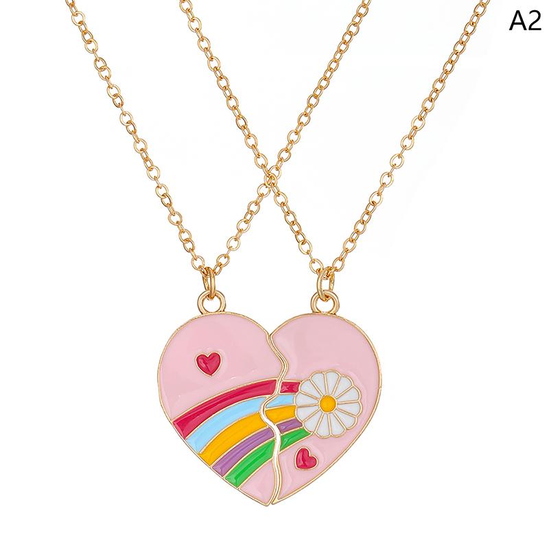 2Pcs Ins Style Heart Rainbow Stitching Necklace  Pendant Alloy Clavicle Chain For Children Best Friend Jewelry Gifts