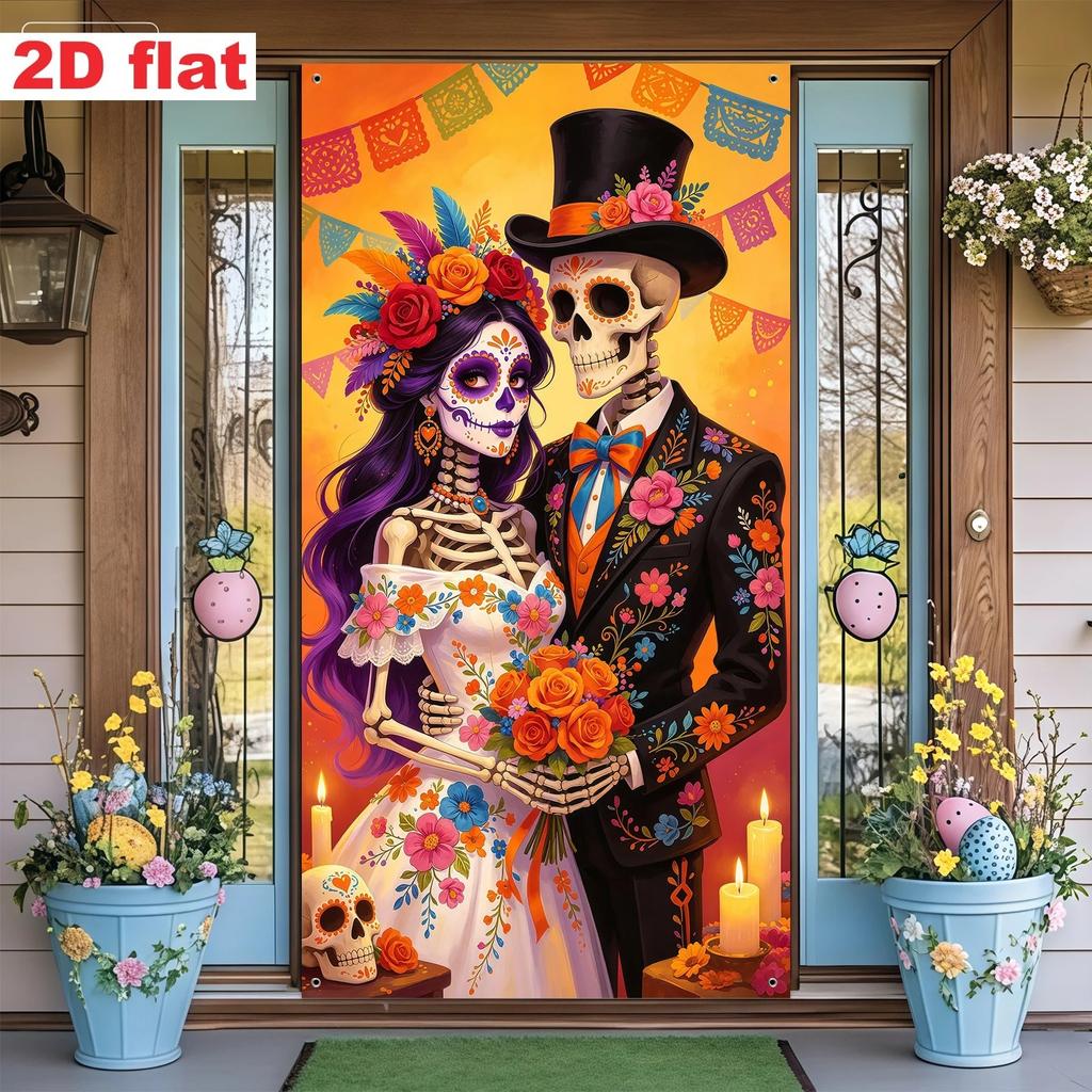 Halloween Horror Door Banner Long Haired Skeleton Ghost Haunted House Entrance Decor Spooky Theme Party Courtyard Ornament