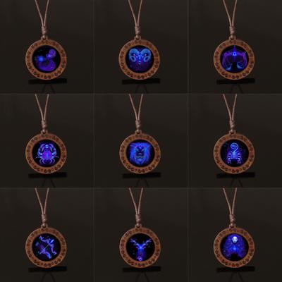 Fashionable And Personalized Twelve Constellation Pattern Wooden Base Pendant Necklace Sweater Chain