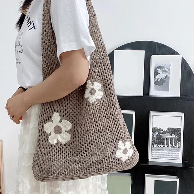 Damen-Umhängetasche mit großem Fassungsvermögen, modisches Blumenmuster, gehäkelte Tragetasche, All-Match-Tasche, süße Gürteltasche, Stricktasche