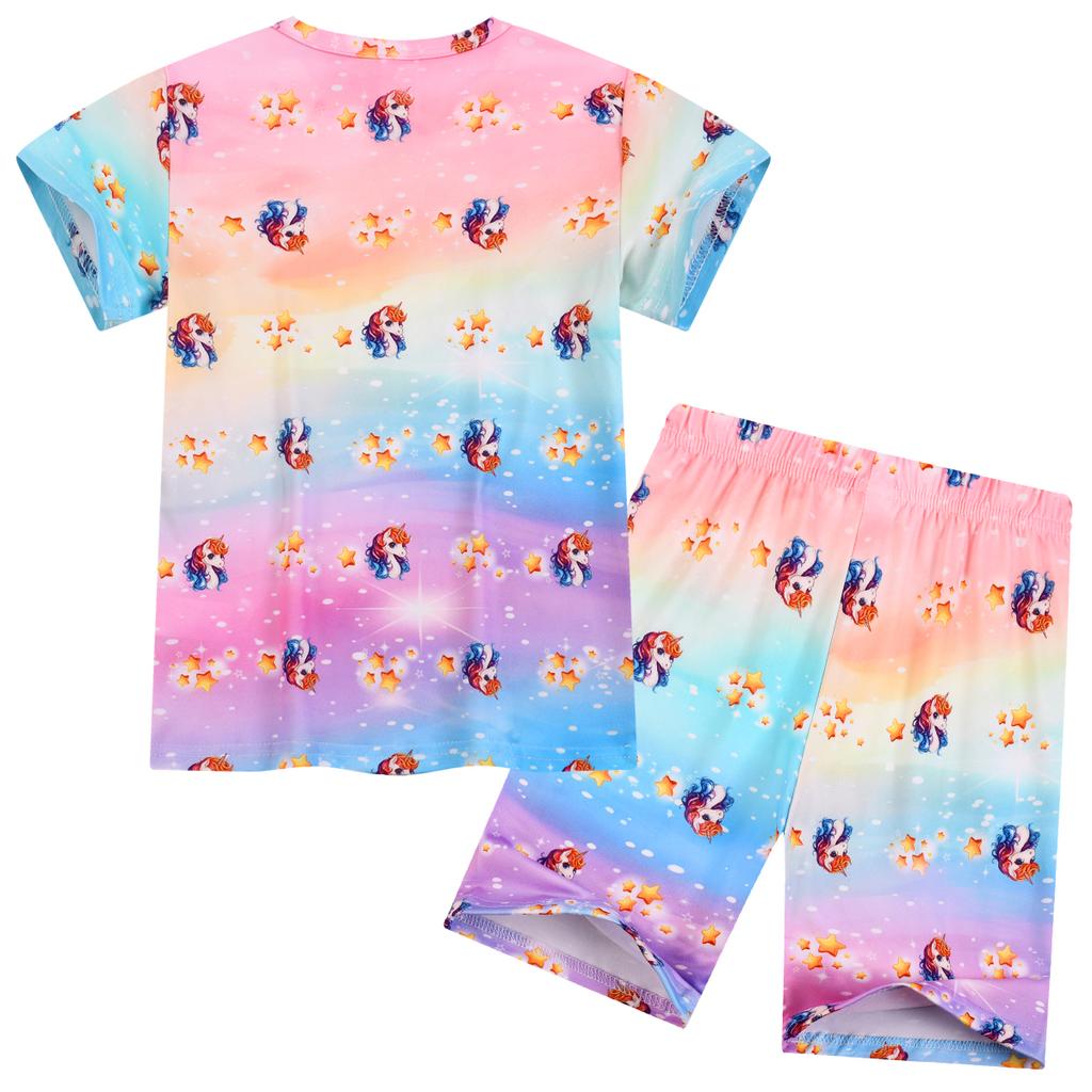 1615 Flame Retardant Digital 3D Girl Unicorn Short-sleeved and Shorts Home Suit, Suitable for Girls Aged 3 To 8