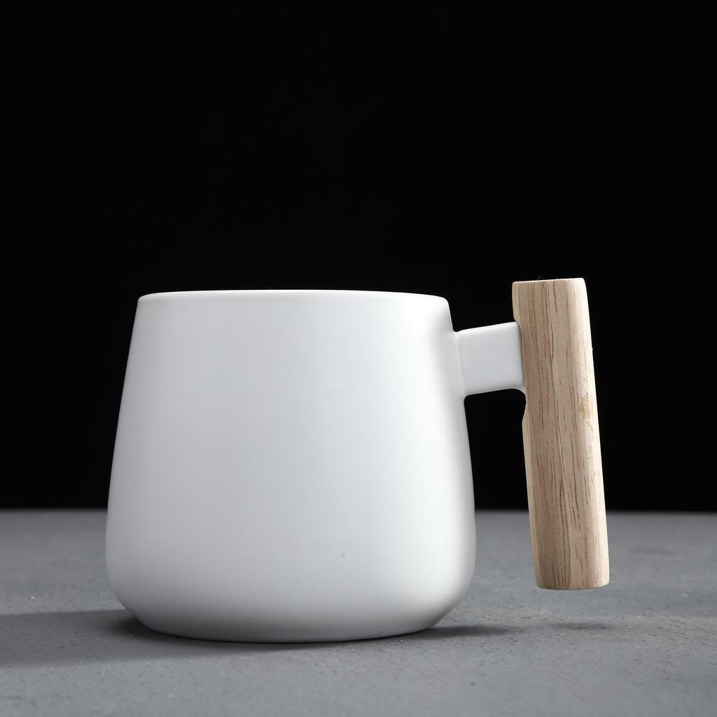 Wooden Handle Simple Couple Cup Ceramic Cup Coffee Cup Mug With Lid Spoon Custom