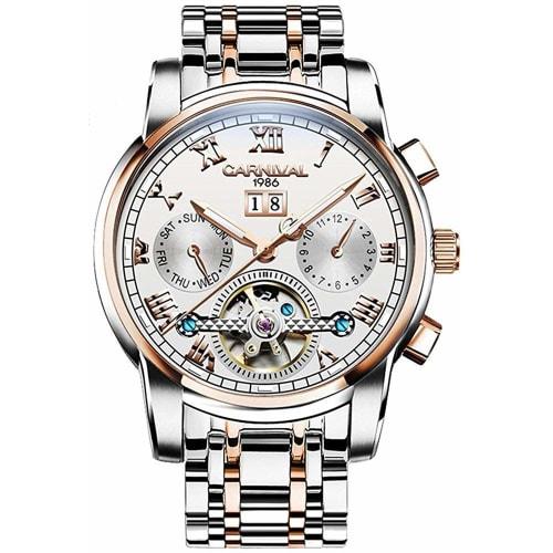 Men's Tourbillon Automatic Mechanical Watch, Silver Stainless Steel, Multi-Function, Blue Watch, Silver/Blue, Rose Gold/White