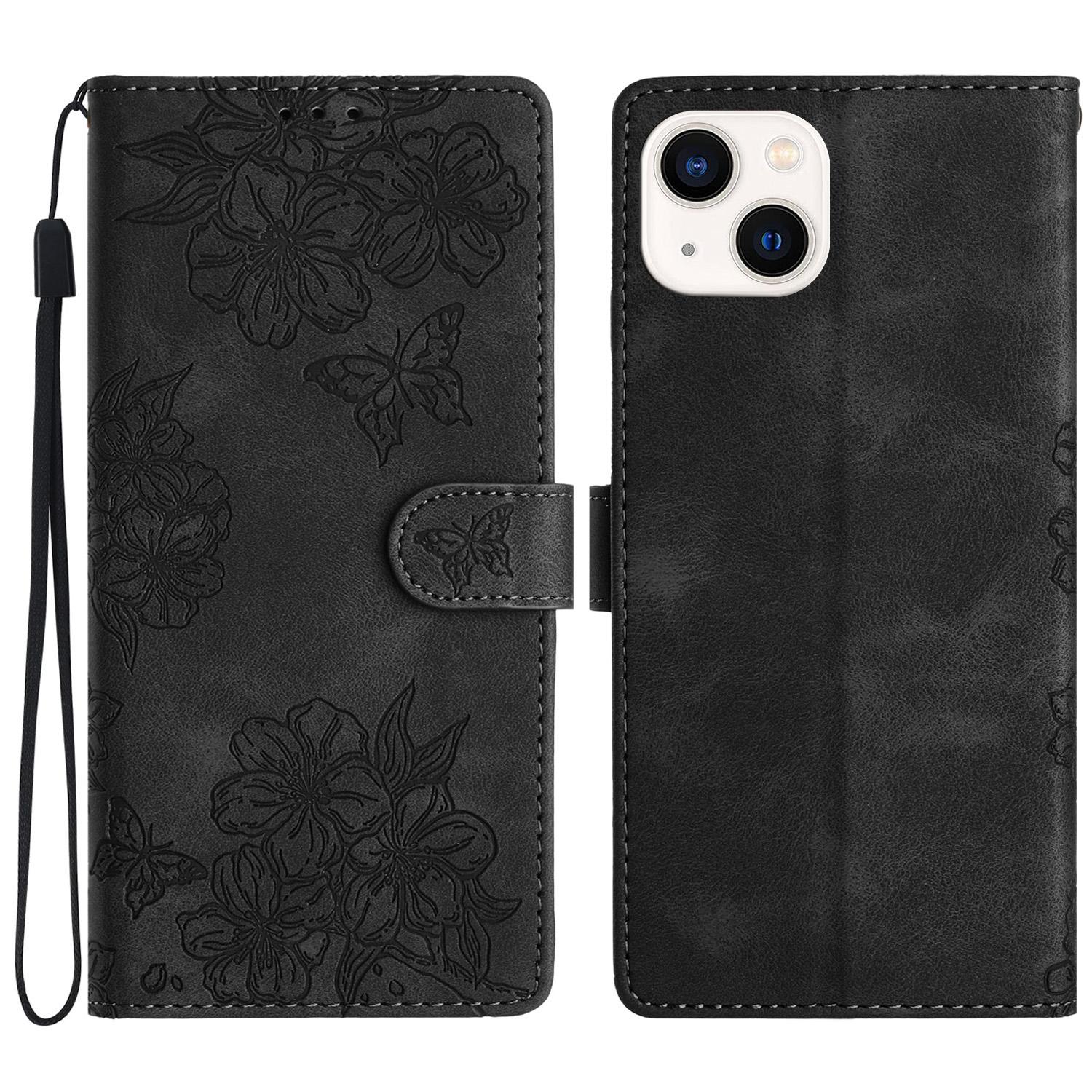 

For iPhone 15 Skin-Touch Feeling PU Leather Phone Case Imprinted Pattern Wallet Phone Cover Black