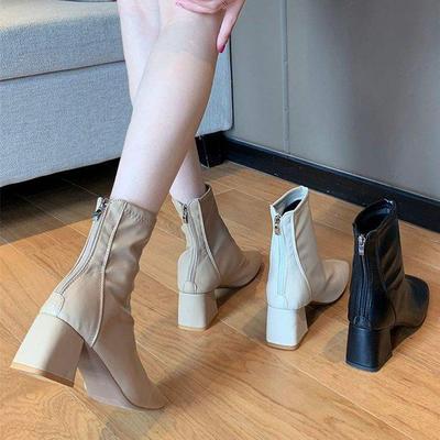 Fleece Stiefel Damen Dicke Ferse 2025 Frühling und Herbst Kurze Stiefel Mittelhoher Absatz Martin Stiefel Britischer Stil Quadratische Spitze Elastische Skinny Stiefel