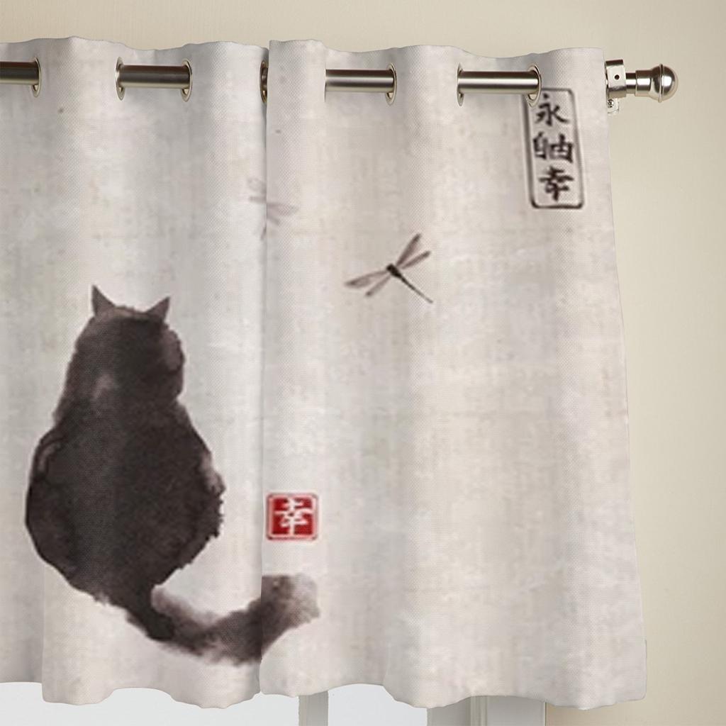 Black Cat And Dragonfly Window Curtains For Living Room Luxury Bedroom Decor Drapes Kitchen Window Treatments Curtains