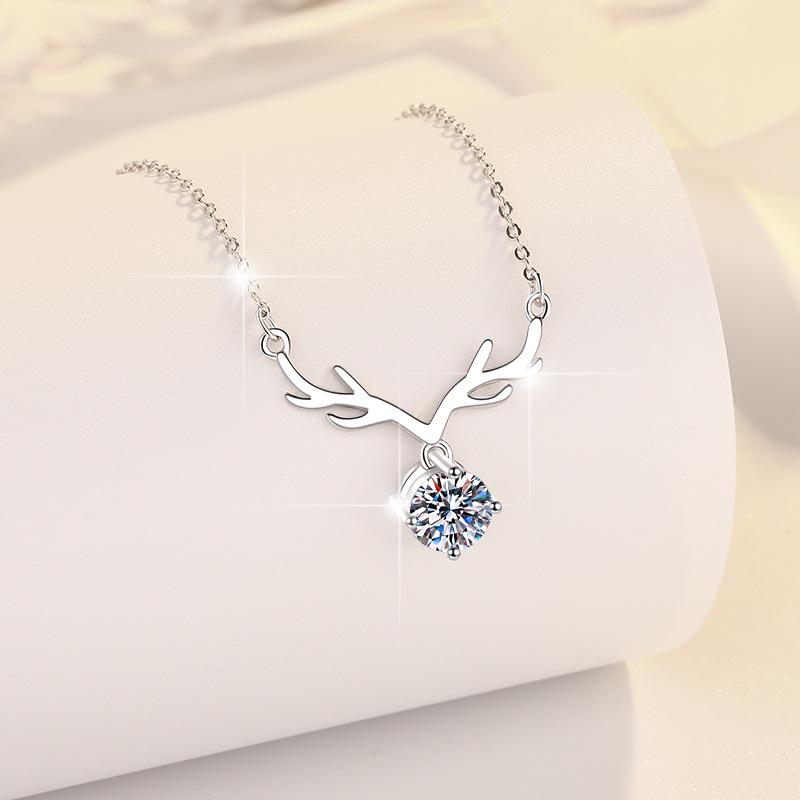 

925 Sterling Silver Antler Pendant Necklace with Moissanite - Korean Style Fashion Jewelry Ultra Sparkling Zircon 1 Carat