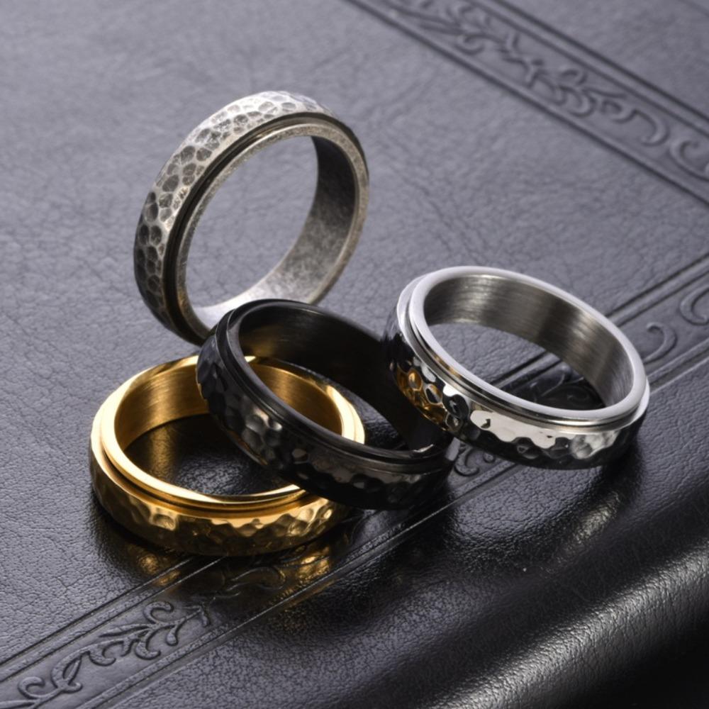 Vintage Handmade Hammered Texture Rotating Titanium Steel Men Unisex Honeycomb Ring