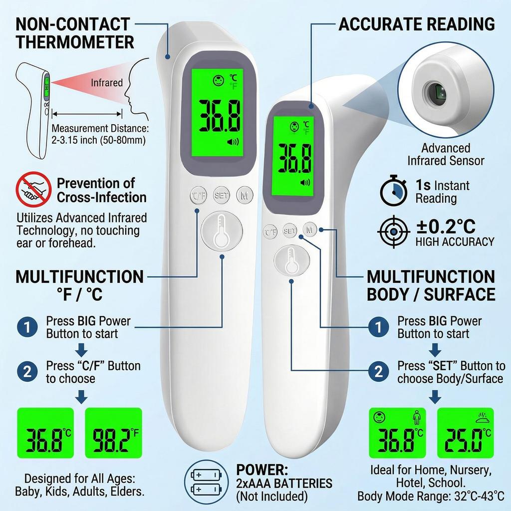 Non-Contact Infrared Forehead Thermometer,Portable Digital IR Thermometer Fast Readings,Home Medical Temperature Measuring Devic