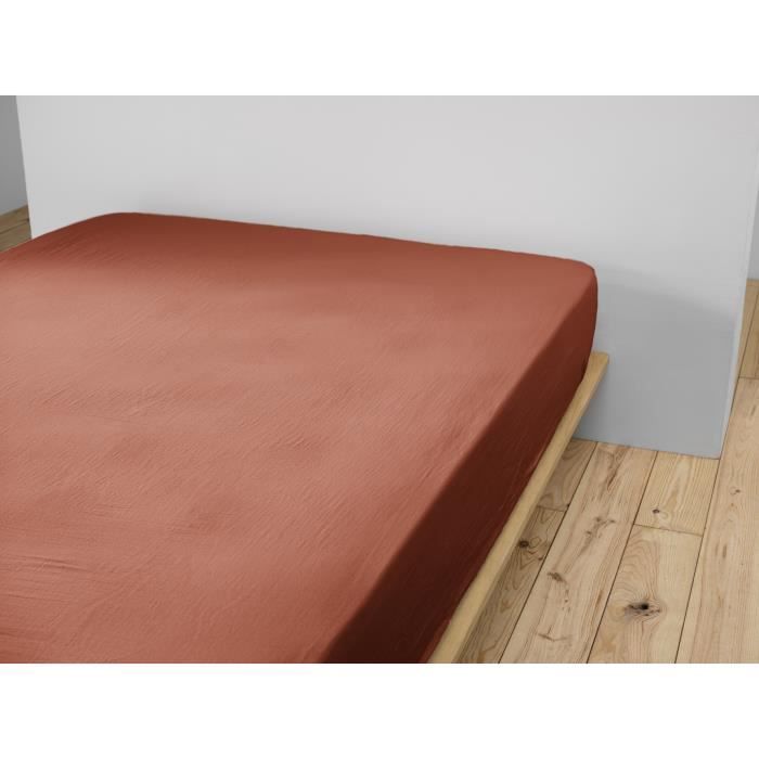 Drap housse - Gaia - Terracotta - 200 x 200 cm - 100% coton - Bonnet extensible 30 cm