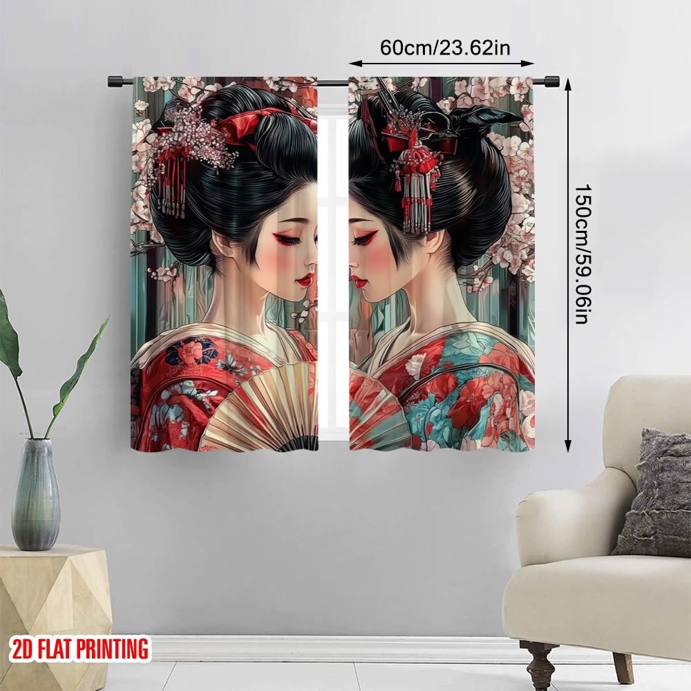 2 Stück, 2D-Flachdruckmuster Vorhänge Geisha Zwillinge Strapazierfähiges Polyester (ohne Stange) Festlich für verschiedene Räume, Zeitgenössisch