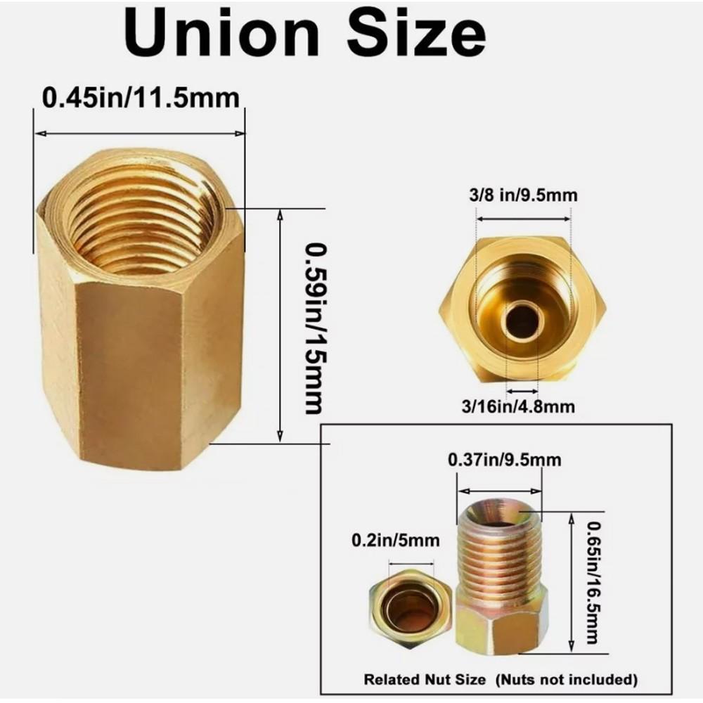 10X Straight Brass Brake Line Inverted Compression Fittings Union For 3/16" Tube