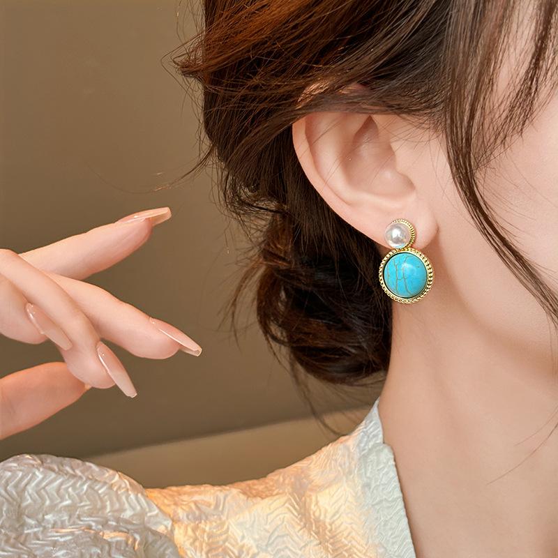 Round synthetic turquoise pearl stud earrings French retro simple fashion earrings niche high-end earrings women