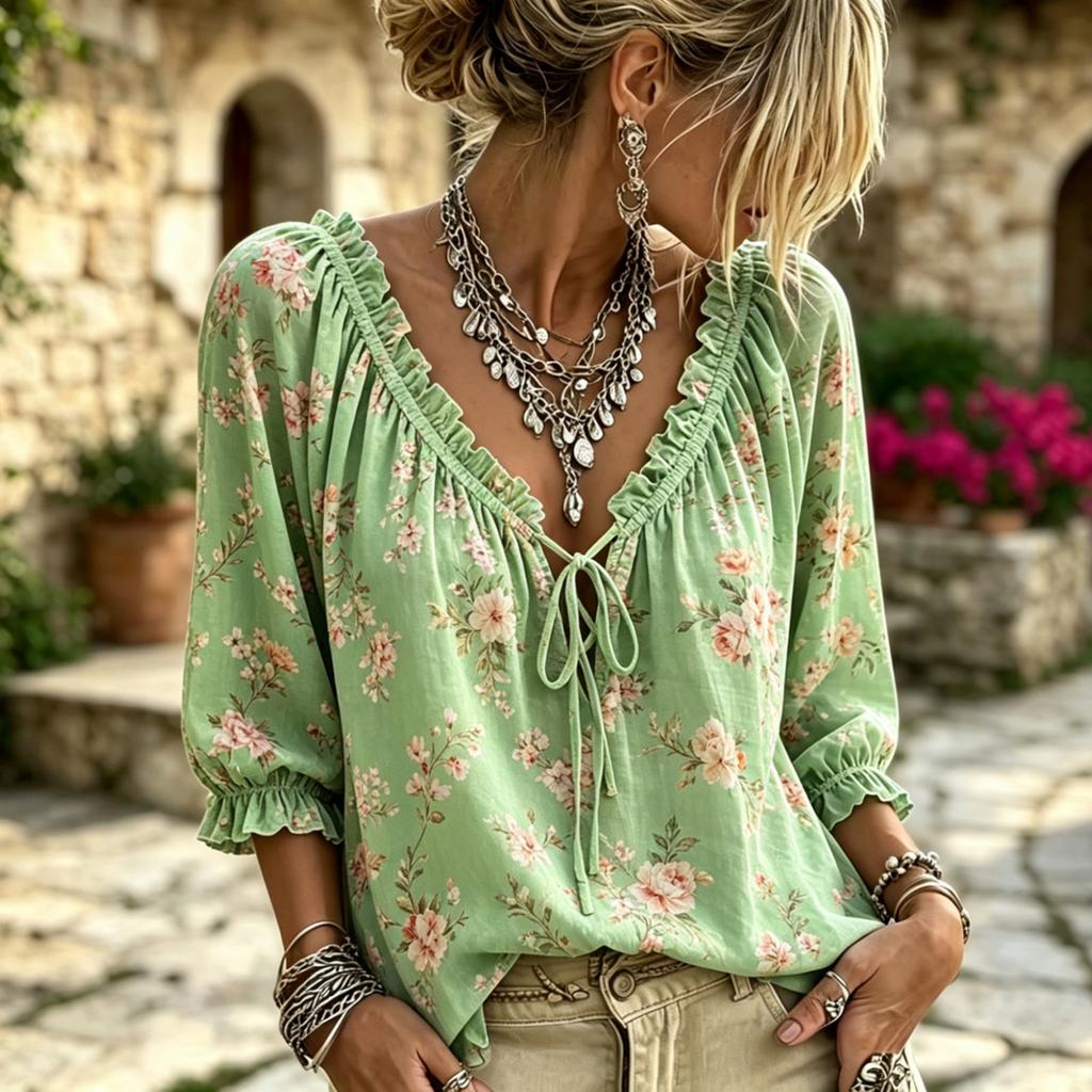 Women's Casual Vacation Floral Deep V-Neck Three-Quarter Sleeve Blouse with Puff Ruffle Cuffs