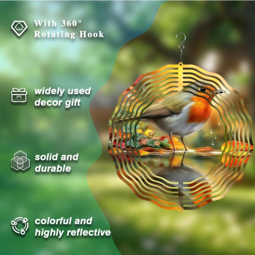 Metal Robin Bird Wind Chime with Autumn Leaves 2D Rotating Design for Outdoor Garden Balcony Patio Decor No Battery Needed